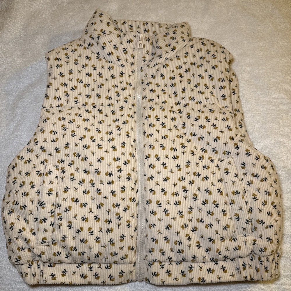 ONLY Cream Floral Corduroy Puffer Vest Cottagecore Coquette Zip Womens M/M